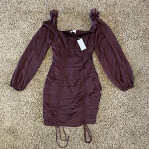 NWT ASTR The Label Mardi Dress Womens S Eggplant Purple Lace Trim Ruched Mini